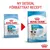 Royal Canin Puppy Mini hundfoder, bild på gammal och ny förpackning. Text: Ny design, förbättrat recept. Nya påsen visar '2–10 months', 'adult weight up to 10 kg'.