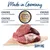 Made in Germany. 100% tierisches Protein am Gesamtprotein. Ohne zugesetztes Getreide, Zucker, künstliche Farbstoffe und Aromastoffe. Happy Dog Logo sichtbar.