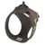 Brown dog harness with camouflage pattern, sturdy buckle and padded inner material. Label with manufacturer information visible.
