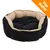 Rond huisdierenbed van zwarte stof met beige binnenkant en rand. Oranje hoeklabel met witte tekst: Top Seller. Rond huisdierenbed van zwarte stof met beige binnenkant en rand. Oranje hoeklabel met witte tekst: Top Seller.