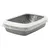 Caja de arena gris para gatos con borde blanco y bolsa de basura transparente insertada.