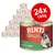 RINTI Gold Senior konzerva, 24×185g, mit feinen Stückchen vom Kaninchen, getreidefrei. Na obrázku pes a nápis 24x 185g.