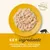 Key ingredients: chicken breast, rice flour, vegetable gelling agent. Made with natural ingredients. Text shown on image with shredded food on yellow plate and cat silhouette.