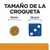 Tamaño de la croqueta: comparación visual entre una croqueta de 9 mm y un dado azul de 16 mm. Texto visible: 'TAMAÑO DE LA CROQUETA', '9 mm', '16 mm'.
