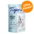 Tigerino Crystals Silicate Litter Classic Sensitive 5L, offre d’essai, texte en anglais sur l’emballage, photo d’un chat blanc aux yeux bleus, pictogrammes visibles.