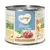 Feringa Single Meat Adult, Duck with Cottage Cheese and Valerian, 75 % selected animal ingredients, Grain-Free Recipe. Image d’une boîte de nourriture pour chat avec un chat visible.
