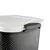 Close-up of a storage container with a white lid and black patterned body, showing the secure handle for easy opening and closing.