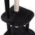 Cat tree with black plush cover and sisal-wrapped scratching post, two square platforms visible.