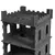 Casa para gatos de fieltro gris en forma de castillo con varios niveles, ventanas y entrada redonda en el nivel inferior.
