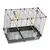 Wire cage with two wooden perches, four clear plastic feeders, removable tray base and two yellow swing handles visible inside.