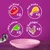 Produkt enthält 3 Portionen mit Rind, 3 mit Huhn, 3 mit Lamm und 3 mit Geflügel. Illustrationen der Fleischsorten auf violettem Hintergrund.