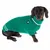 Green knitted dog jumper with white collar and paw logo on the side.