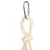 Corde torsadée blanche avec boucle et mousqueton métallique argenté, nœud visible sous la boucle. Matériaux : corde en fibre naturelle, mousqueton en métal.