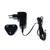 Black power supply with EU and UK plug adapters and cable with DC connector. Suitable for electronic devices.