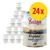 Lot de 24 boîtes Purizon Organic Salmon & Chicken with Spinach, 400 g chacune. Texte visible : 13 % protein. Illustration de montagne sur l’emballage.