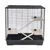 Small animal cage with three wooden levels connected by ramps. Metal mesh walls and plastic base.