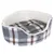 Round pet bed with grey-white-brown check pattern and soft white inner padding. Trixi brand logo visible on the outside.