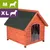 Holzhundehütte mit grünem Dach und transparenter Tür. Größenoptionen M und XL, dargestellt durch Icons eines Hundes.