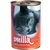 Dåse med billede af grå kat, teksten 'smilla mit Lamm Geflügeltöpfchen' på orange baggrund. Synlig metaldåse med låg.
