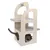 Wooden cat tree with two levels, grey padded surfaces and play roll. Cat explores the lower level through a round entrance.