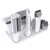 White grooming set with various attachments, including brushes, comb attachments and trimmer, arranged on a stand.