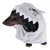 Dog wearing grey hooded coat with shark design, including teeth and fin.