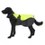 Hund trägt eine schwarz-gelbe Regenjacke mit verstellbaren Gurten und Kragen. Produkt zeigt Schutzkleidung für Hunde bei schlechtem Wetter.