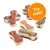 Bone-shaped dog treats in red, brown and beige colours. Orange circle with white text: Try now! Bone-shaped dog treats in red, brown and beige colours. Orange circle with white text: Try now!