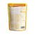 Back of pet food pouch showing ingredients list, feeding guide for adult dogs by weight, storage instructions, and daily recommended amounts in grams.