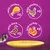 with chicken x3, with poultry x3, with duck x3, with turkey x3 – angol nyelvű szöveg és állat ikonok lila háttéren, sárga tányér részben látható.