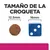 Tamaño de la croqueta: 12,5 mm comparado con un dado azul de 16 mm. Texto grande: 'Tamaño de la croqueta'.