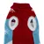 Roter und blauer gestrickter Hundepullover mit Schneeflockenmotiv und zwei Öffnungen für die Vorderbeine.