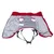 Coperta per cani rossa e grigia con sistema di cinture, due aperture per le zampe ed etichetta con taglia L-XL.