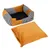 Gestreiftes Haustierbett mit orangefarbenen Samtpolstern und herausnehmbarem Kissen. Rechteckige Form, geeignet für Innenräume.
