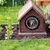 Caseta de madera para perros con ventana redonda, situada en un jardín con flores y césped.