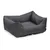 Grey rectangular pet bed with padded sides and soft lying surface.