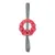 Red plastic toy in ring shape with grey fabric strap, textured for interactive play. Red plastic toy in ring shape with grey fabric strap, textured for interactive play.