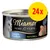 Miamor Feine Filets Skipjack-Thunfisch Naturell, 100% Filet, Abbildung einer Dose mit Thunfischstücken und gelbem Kreis mit rotem Text '24x'