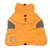 Manteau orange pour chien avec col montant, détails gris réfléchissants et logo TIAKI visible sur le dos. Motif nuage et gouttes imprimé en bas à gauche.