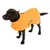 Chien marron portant un manteau imperméable orange avec bandes réfléchissantes et logo visible sur le côté. Fermeture par cordon au cou et à l’arrière.
