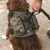 Nomad Tales Hundegeschirr mit Taschen und Griff, olivgrün, robustes Design. Hund wird an der Leine geführt.