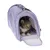 Sac de transport en tissu violet avec grille d’aération, porte ouverte, contenant un chat tigré à poils courts. Poignée et sangles visibles sur le dessus du sac.