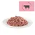 Fresh wet food on a white plate, with a pink cow symbol in the background.