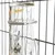 Glass drinking bottle with yellow 'PetHopper' lettering, measuring scale up to 500ml and rabbit motif, attached to a metal grid with holder.