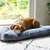 Grand coussin rectangulaire gris pour chien, posé sur un tapis à l'intérieur devant une baie vitrée, avec un chien allongé dessus. Matière du coussin : tissu.