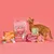Assorted Lily's Kitchen kitten food products, including dry and wet food packs, displayed with a brown tabby cat beside them against a pink background.