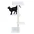 Arbre à chat blanc avec quatre plateformes carrées, poteau central recouvert de sisal, coussin amovible sur la plateforme supérieure. Chat noir debout sur une des plateformes.