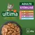 ultima FIT & DELICIOUS, adulte stérilisé, 8 x 85 g : 2x poulet, 2x saumon, 2x dinde, 2x truite. Image de morceaux en sauce et chat gris visible.