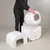 Person demonstrating assembly of a white automatic cat toilet with removable top and separate stool. Brand: kooa.