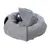 Grey, round pet bed with removable hood and integrated toy ball. Soft material for visible comfort.